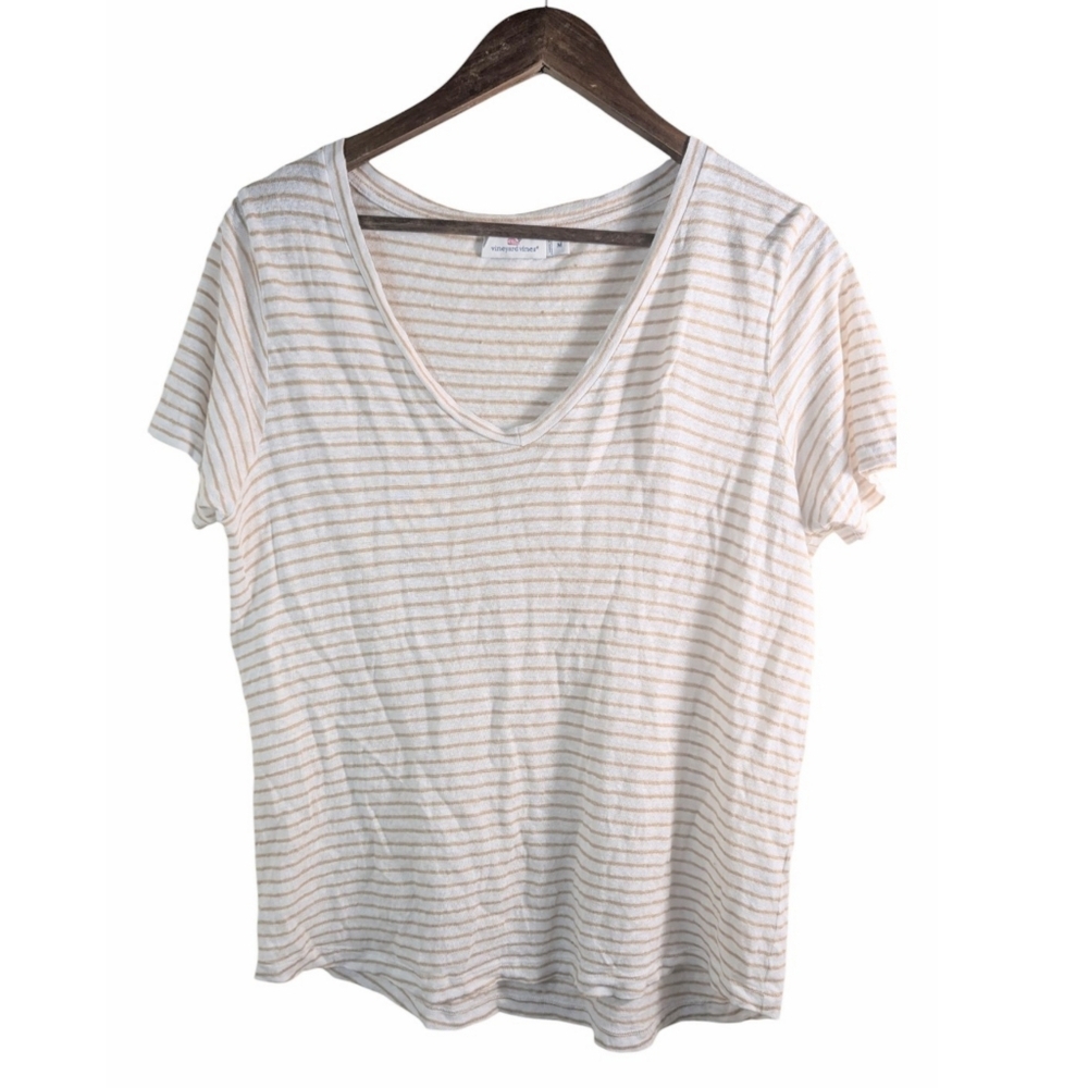 Vineyard Vines Lined Tan & White Coastal Striped V Neck Tee Shirt